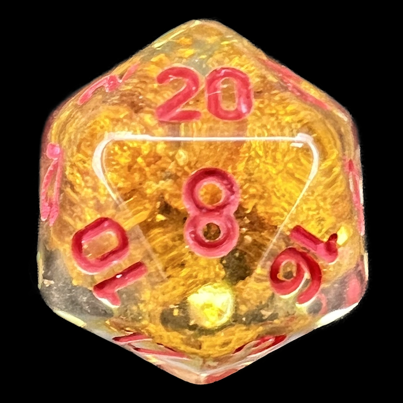 TDSO Confetti Fools Gold Clear with Red D20 Dice