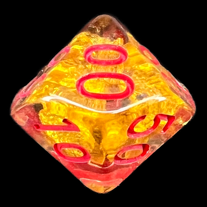 TDSO Confetti Fools Gold Clear with Red Percentile Dice