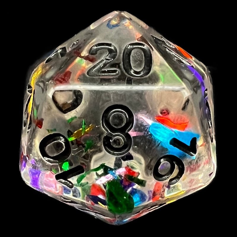 TDSO Confetti Rainbow & Black D20 Dice