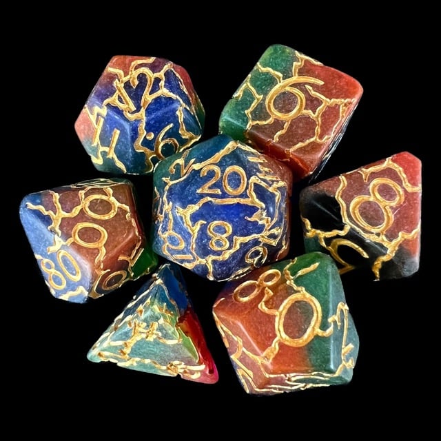 TDSO Crackle Rainbow & Gold 7 Dice Polyset