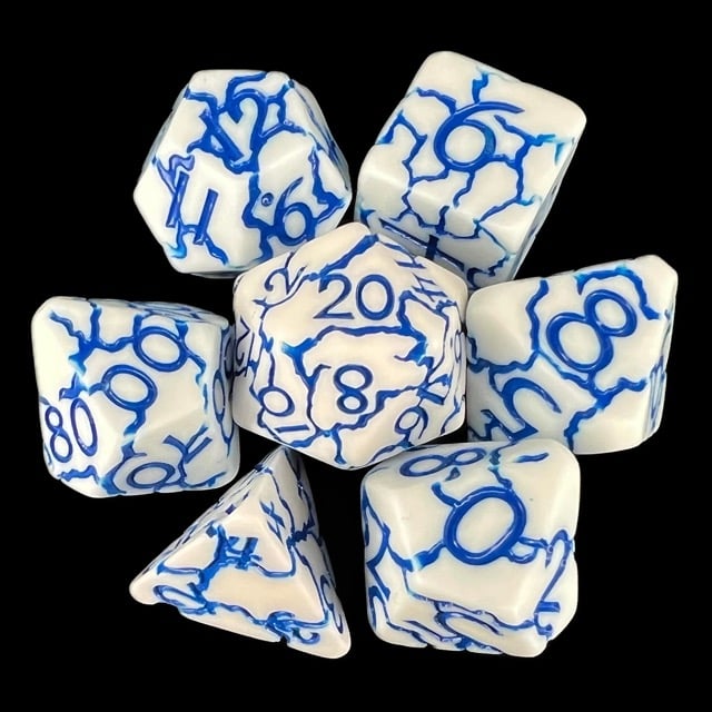 TDSO Crackle White & Blue 7 Dice Polyset