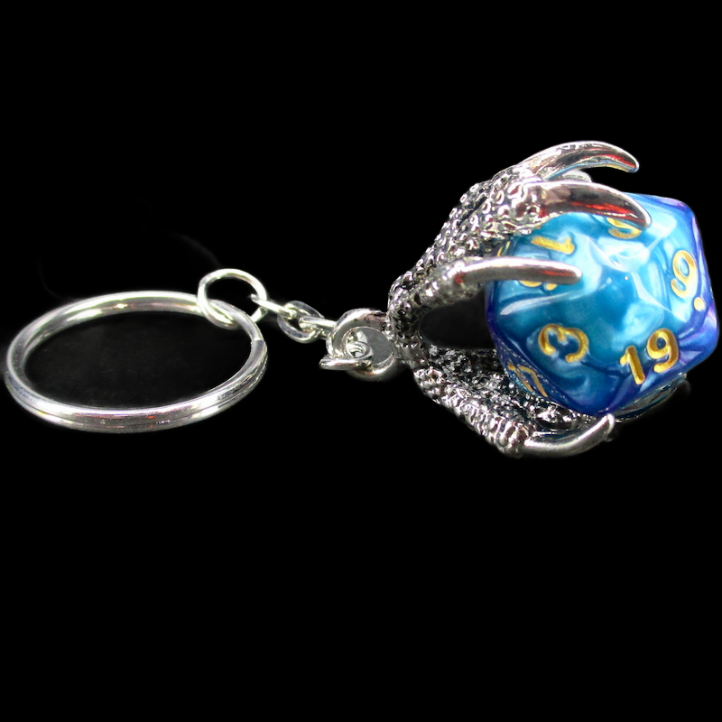 TDSO Dragon Claw Dice Keyring - Silver with Duel Purple & Teal D20 Dice