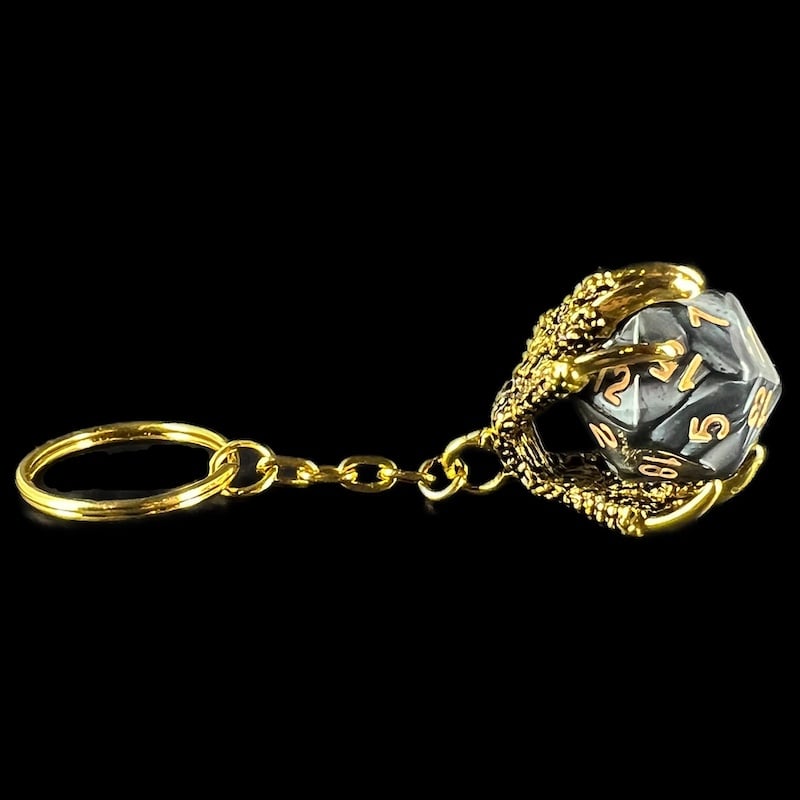 TDSO Dragon Claw Dice Keyring - Gold with Pearl Black & Gold D20 Dice