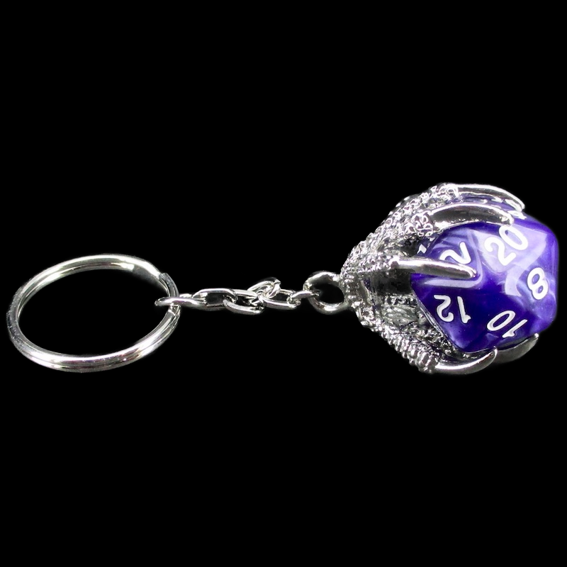 TDSO Dragon Claw Dice Keyring - Silver with Pearl Purple D20 Dice
