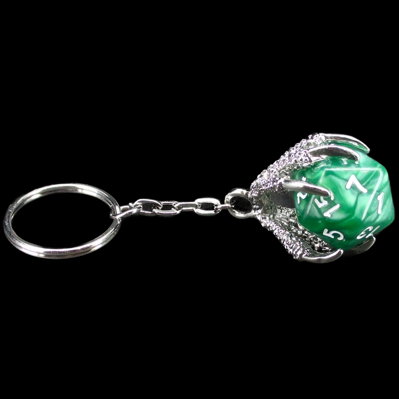 TDSO Dragon Claw Dice Keyring - Silver with Pearl Green D20 Dice