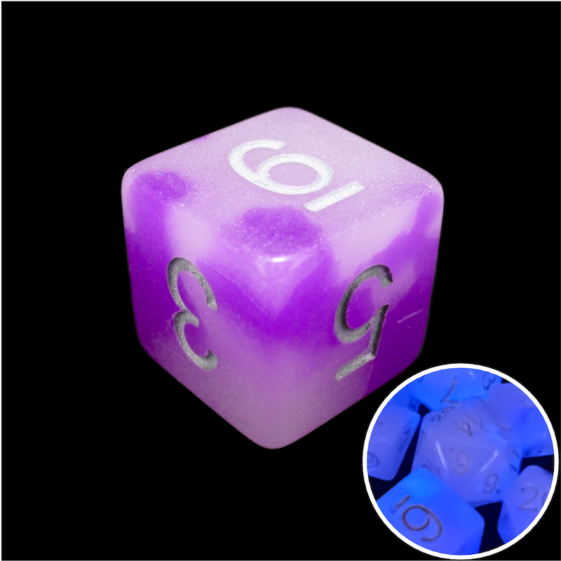 TDSO Duel Amethyst & White Glow in the Dark D6 Dice