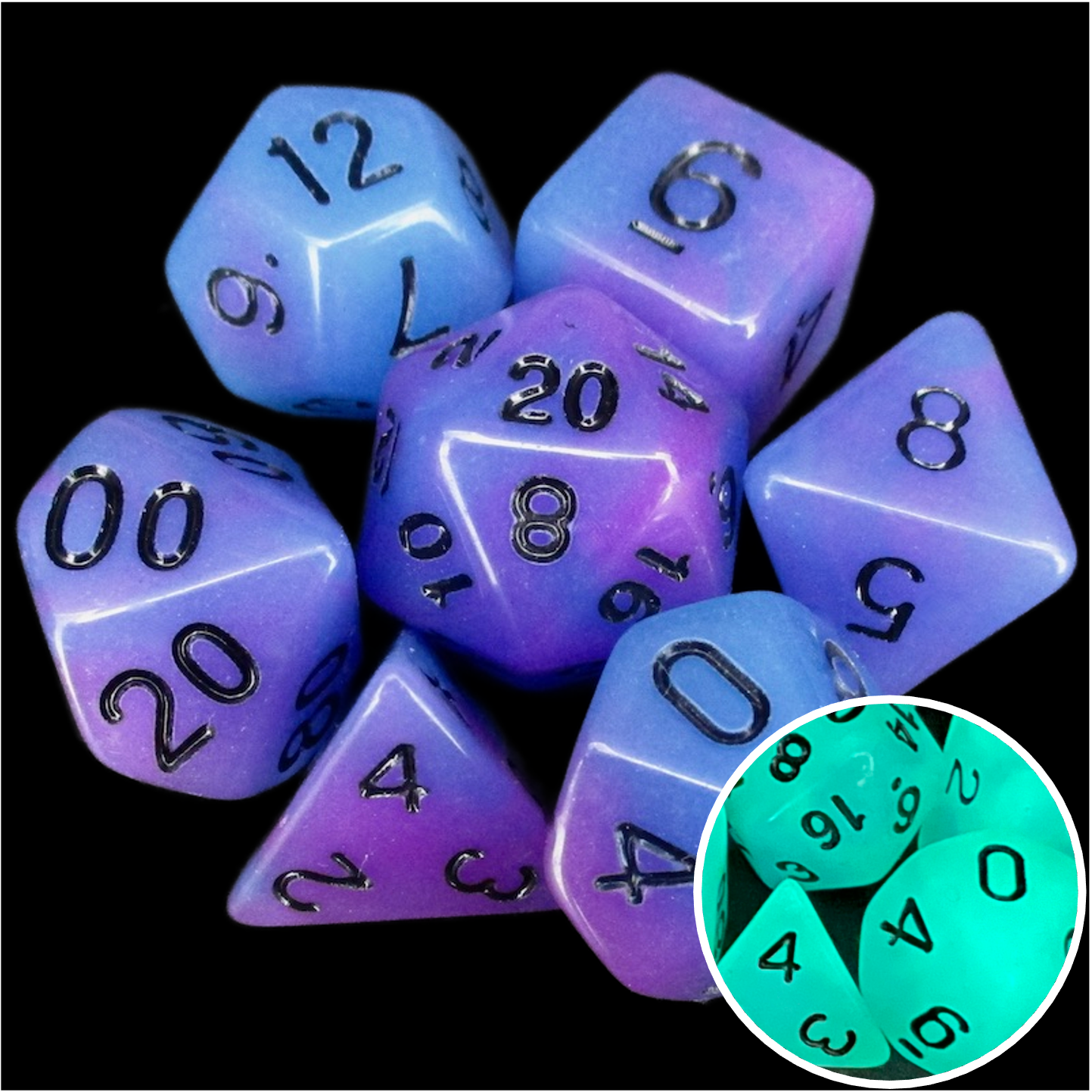 TDSO Duel Blue & Purple Glow in the Dark 7 Dice Polyset