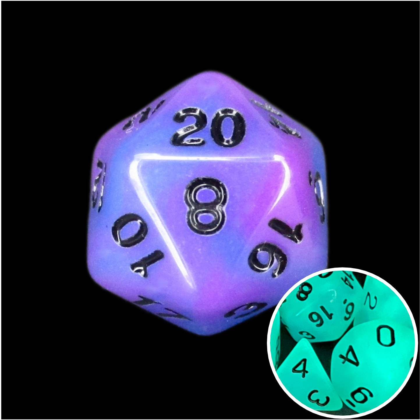 TDSO Duel Blue & Purple Glow in the Dark D20 Dice