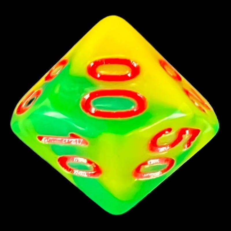 HALF PRICE CLEARANCE TDSO Duel Green & Yellow With Red Percentile Dice