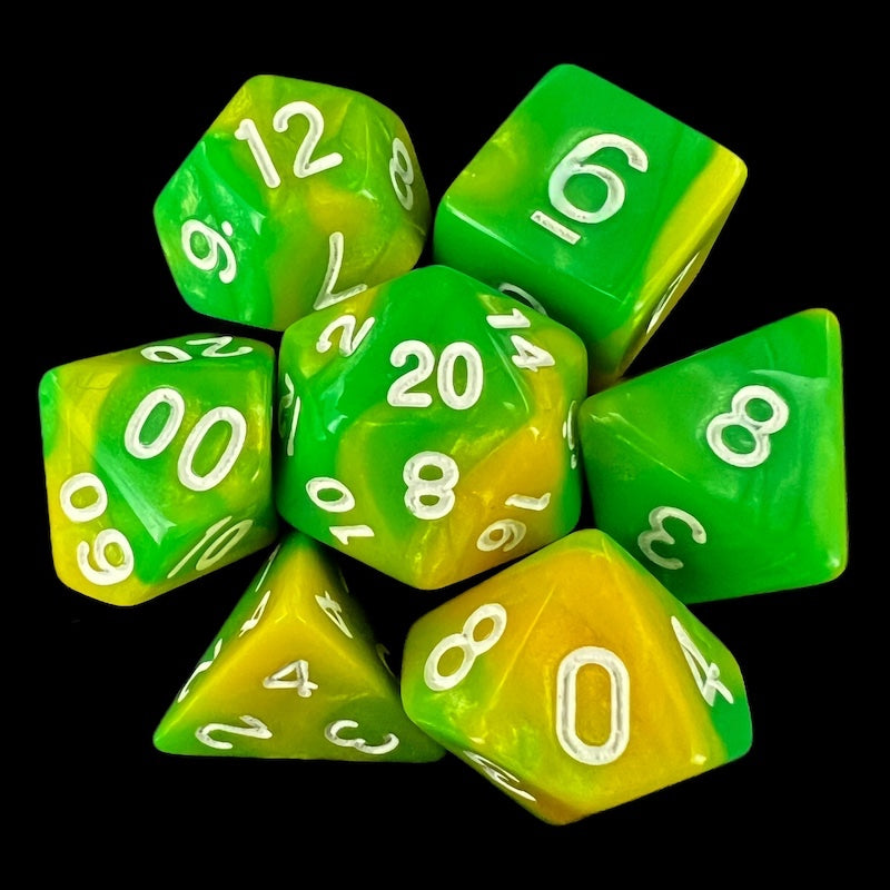 TDSO Duel Green & Yellow With White 7 Dice Polyset