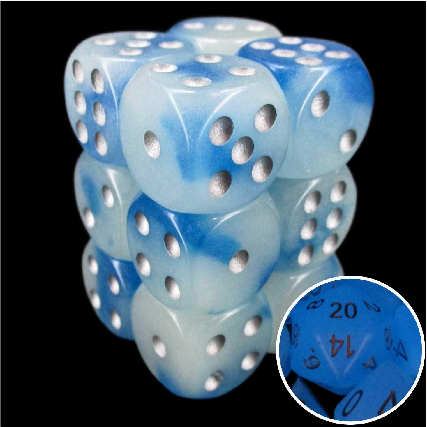 TDSO Duel Icy Rocks Glow in the Dark 12 x D6 Dice Set