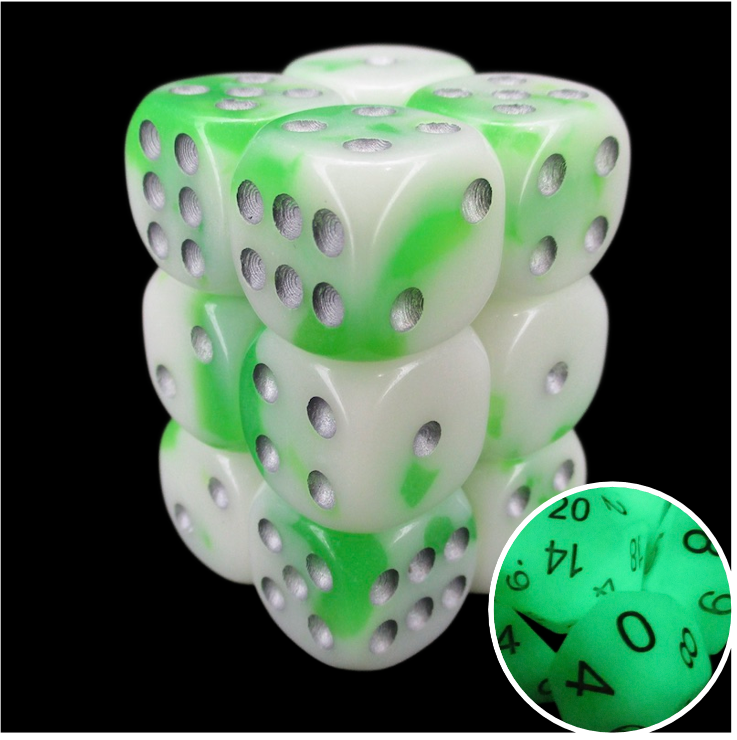 TDSO Duel Jade & White Glow in the Dark 12 x D6 Dice Set