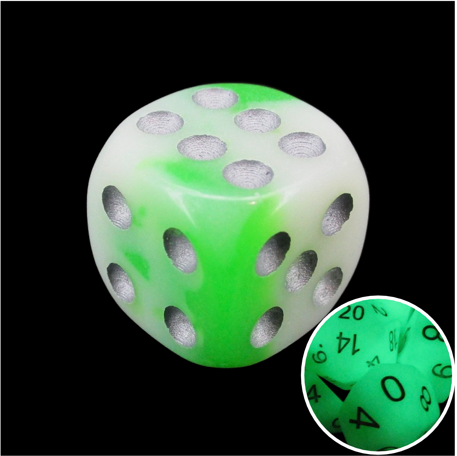TDSO Duel Jade & White Glow in the Dark 16mm D6 Spot Dice