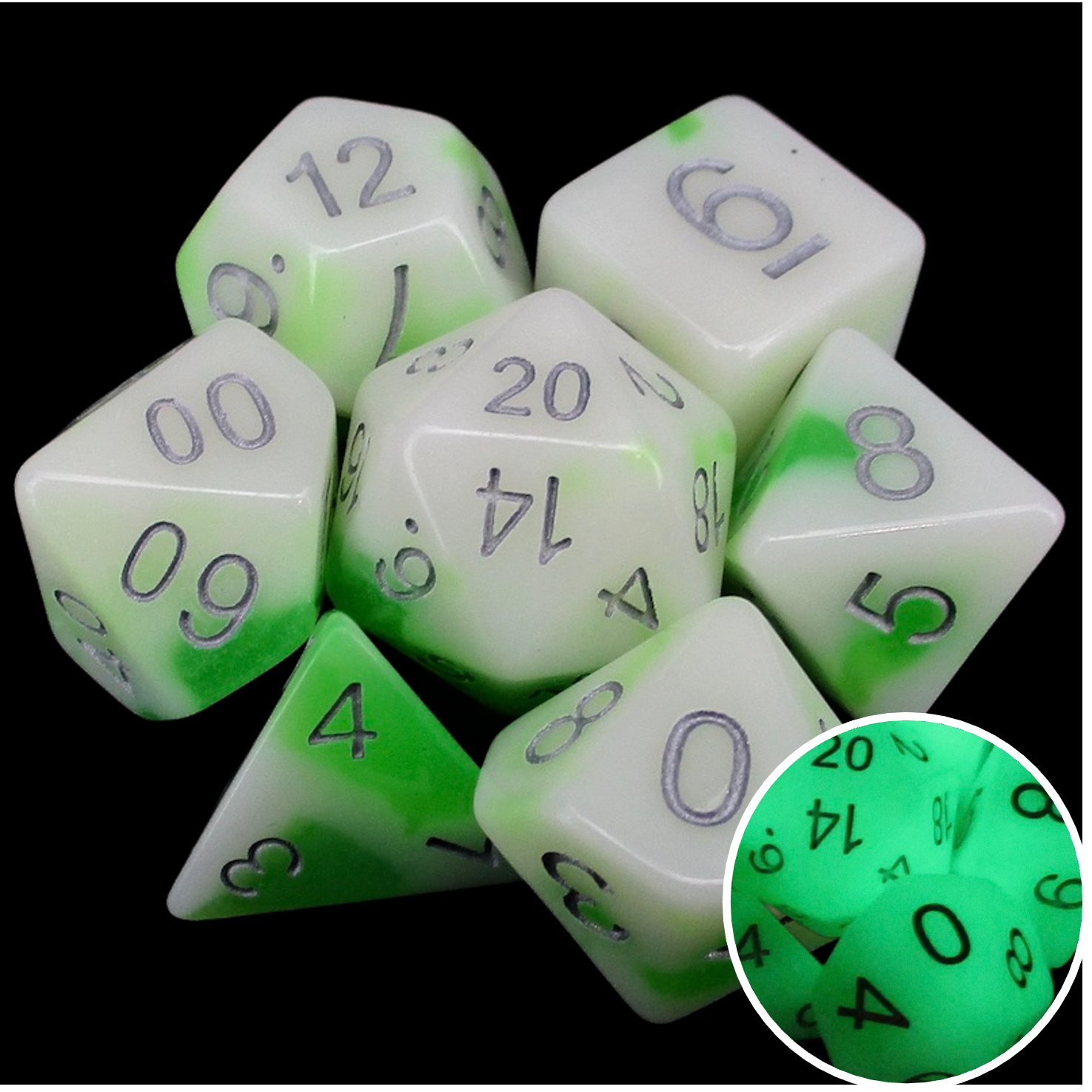 TDSO Duel Jade & White Glow in the Dark 7 Dice Polyset