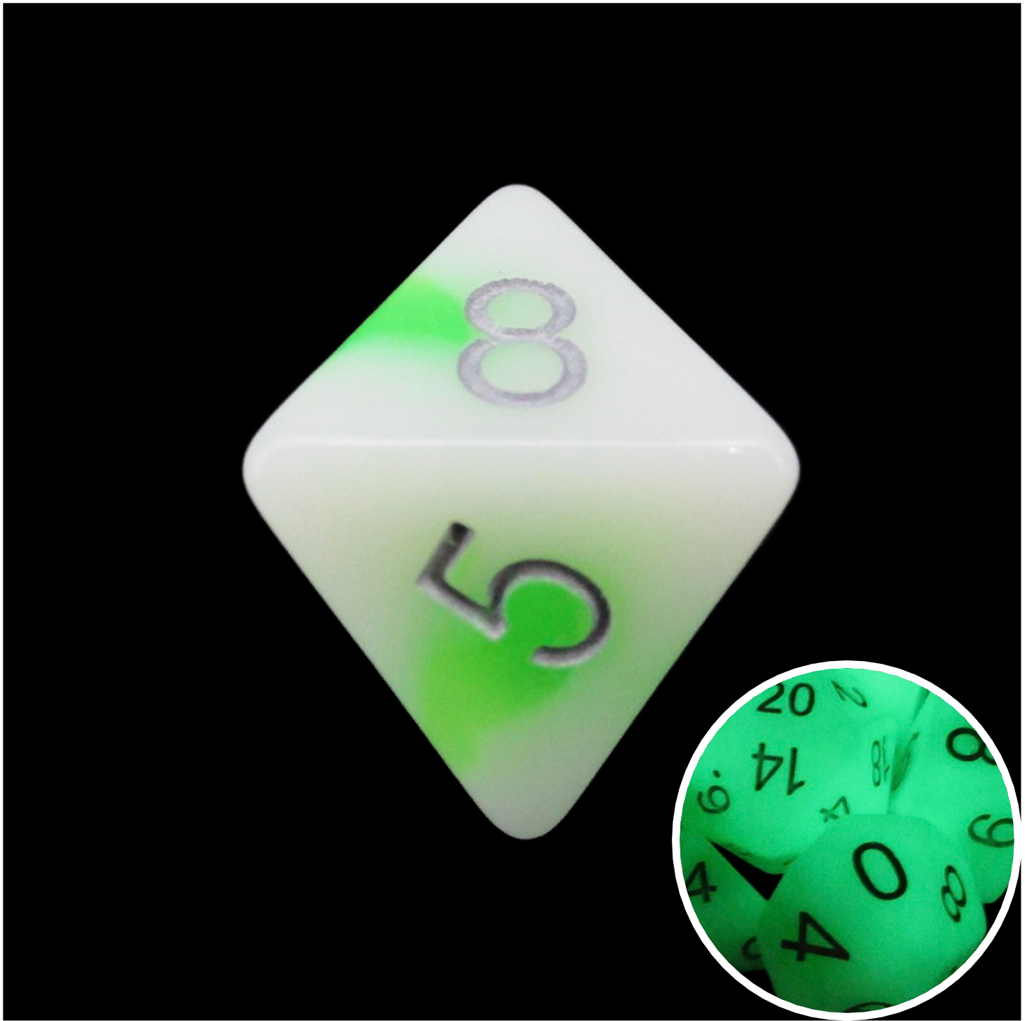 TDSO Duel Jade & White Glow in the Dark D8 Dice