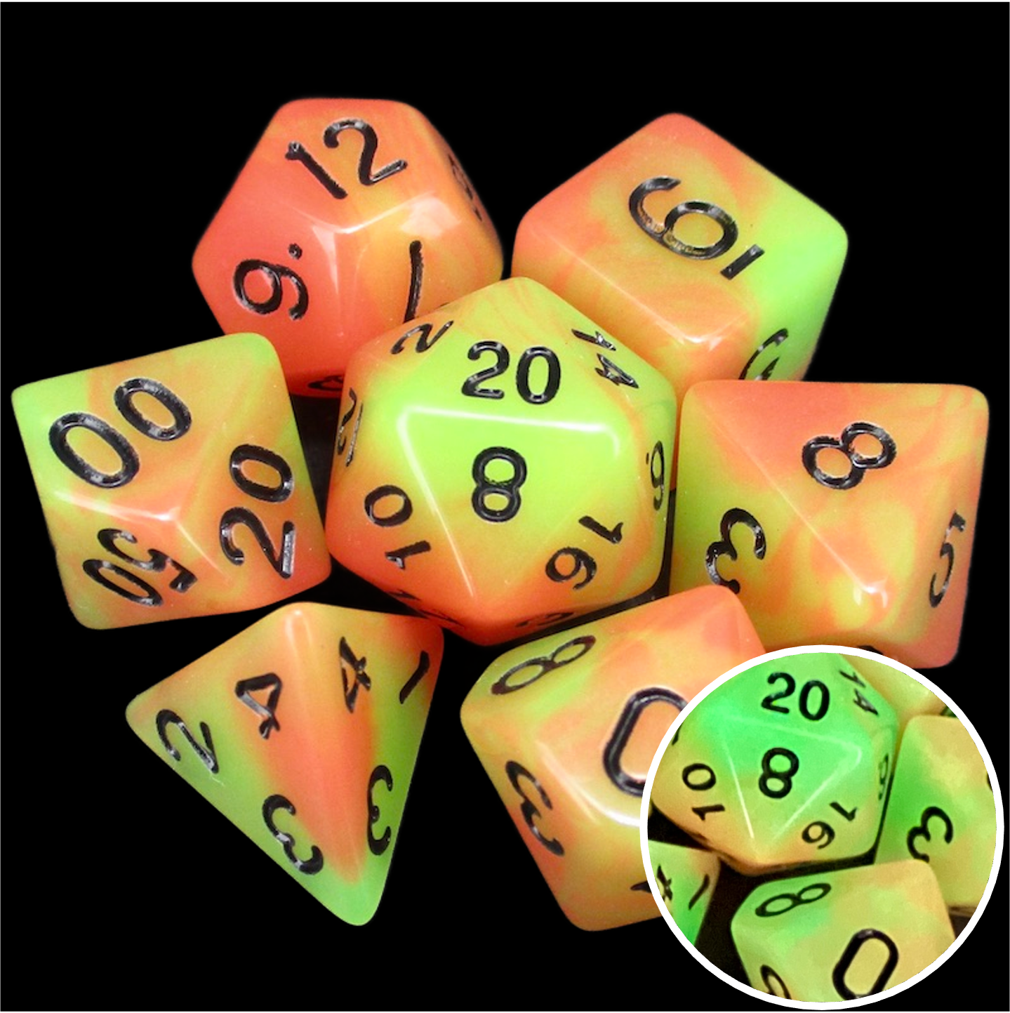 TDSO Duel Orange & Green Glow in the Dark 7 Dice Polyset
