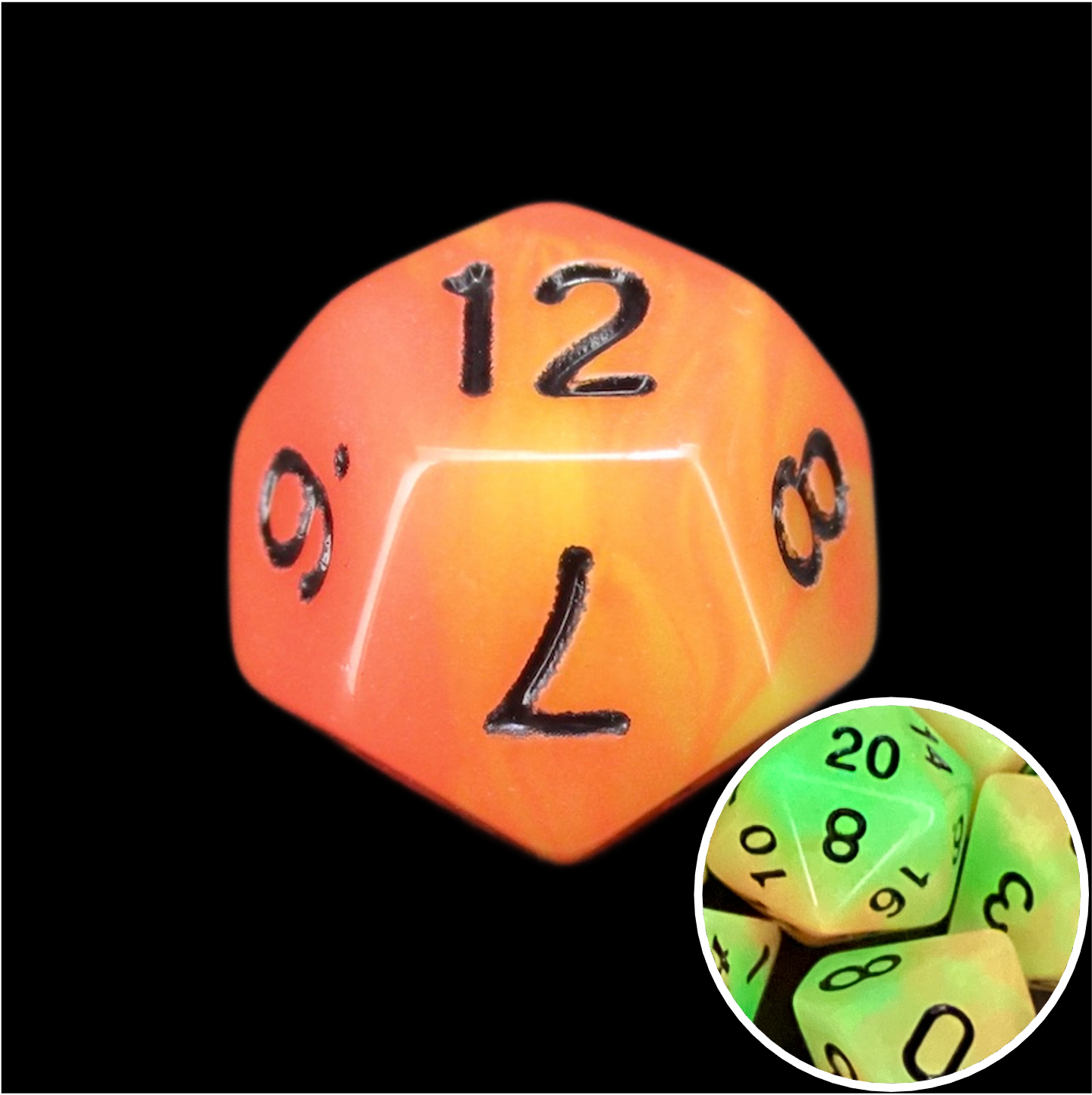TDSO Duel Orange & Green Glow in the Dark D12 Dice