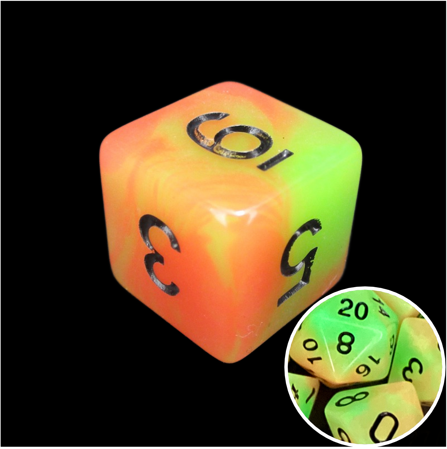 TDSO Duel Orange & Green Glow in the Dark D6 Dice