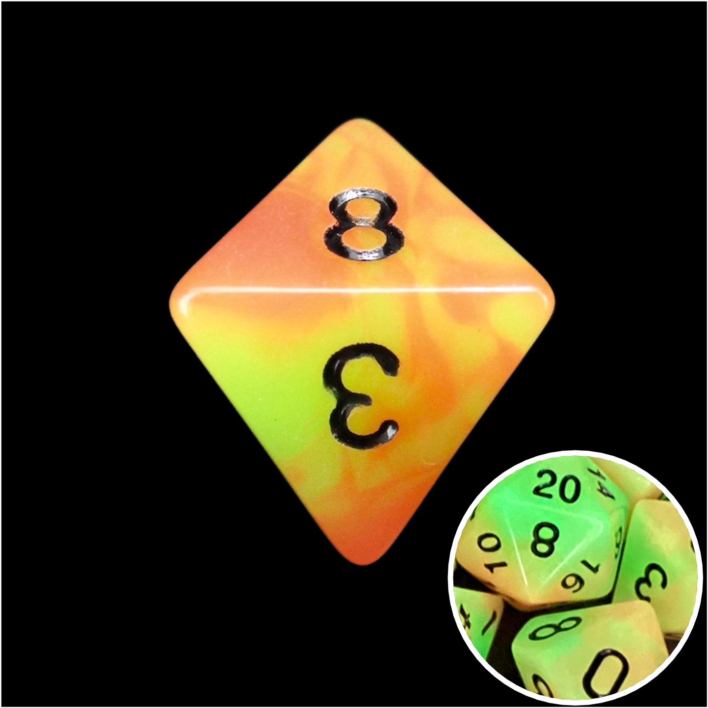 TDSO Duel Orange & Green Glow in the Dark D8 Dice