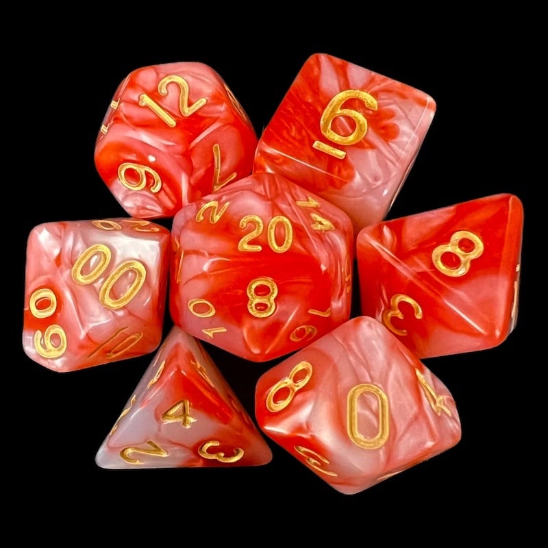 TDSO Duel Pearl Red & White With Gold 7 Dice Polyset