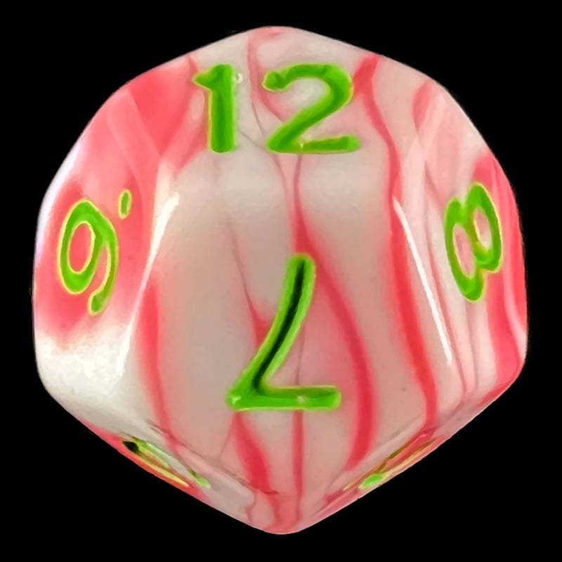HALF PRICE CLEARANCE TDSO Duel Pink & White with Green D12 Dice
