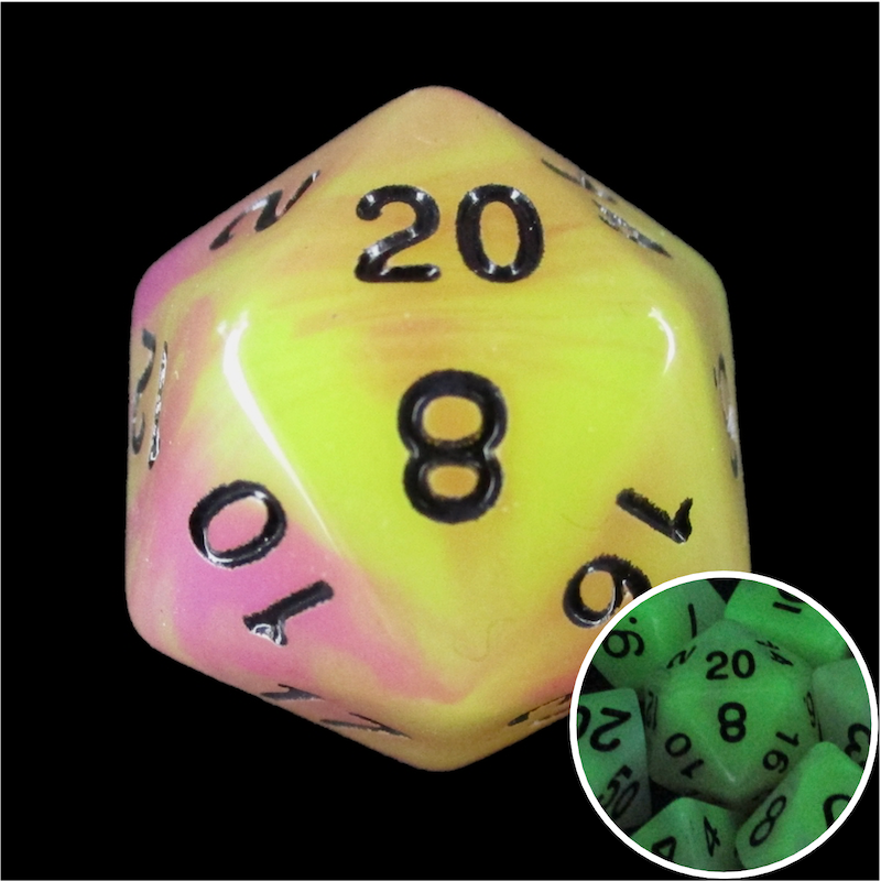 TDSO Duel Purple & Yellow Glow in the Dark D20 Dice