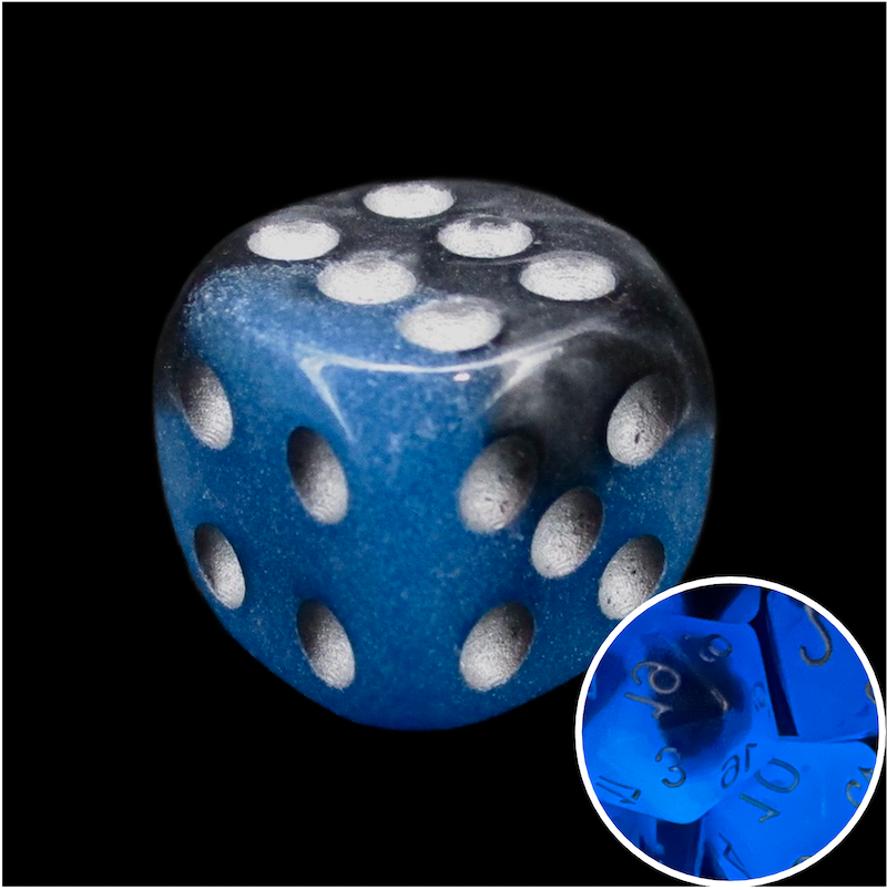 TDSO Duel Sapphire & Black Glow in the Dark 16mm D6 Spot Dice