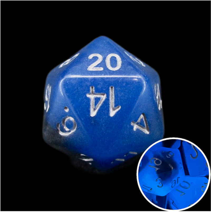 TDSO Duel Sapphire & Black Glow in the Dark D20 Dice