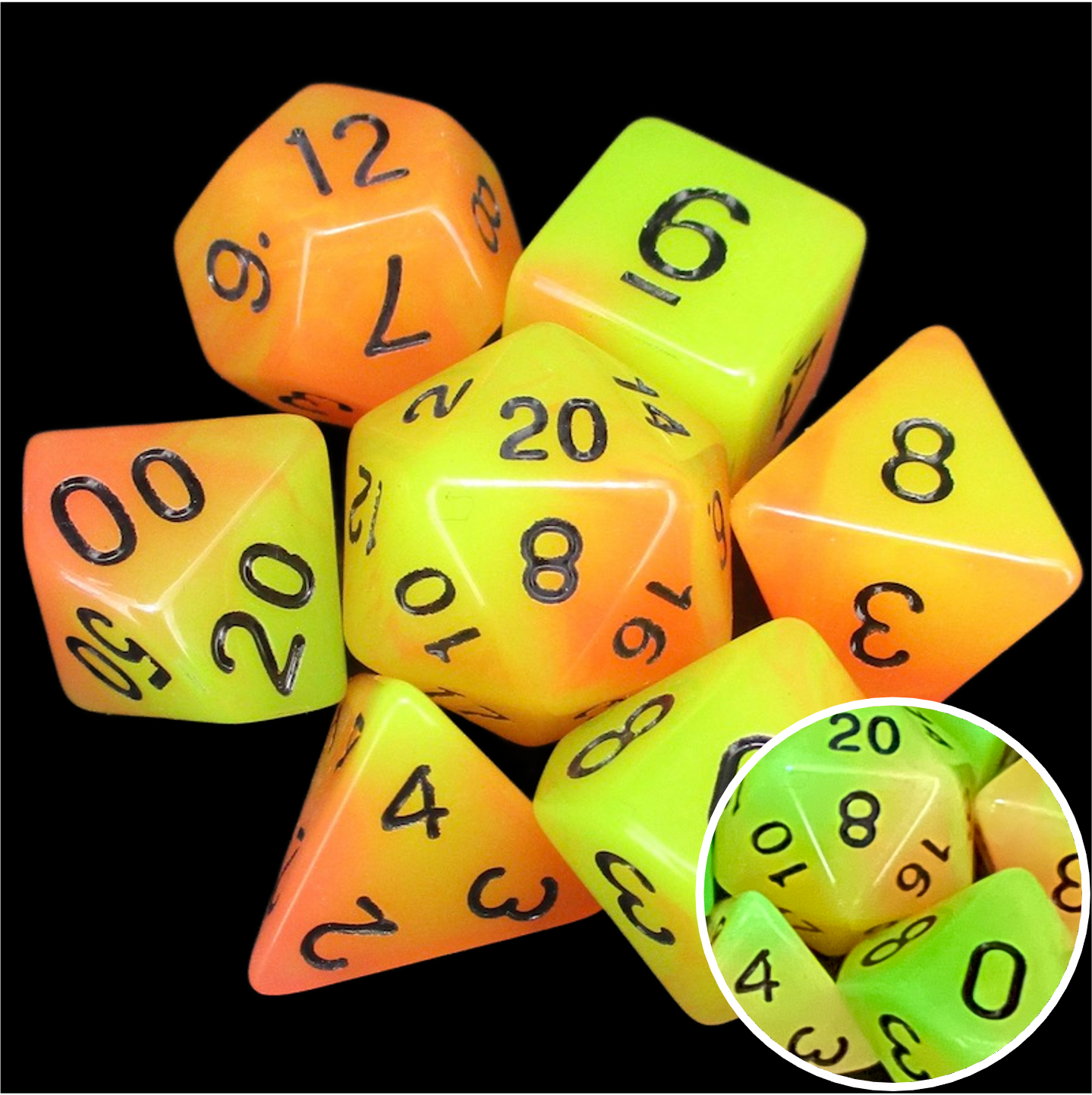 TDSO Duel Yellow & Orange Glow in the Dark 7 Dice Polyset