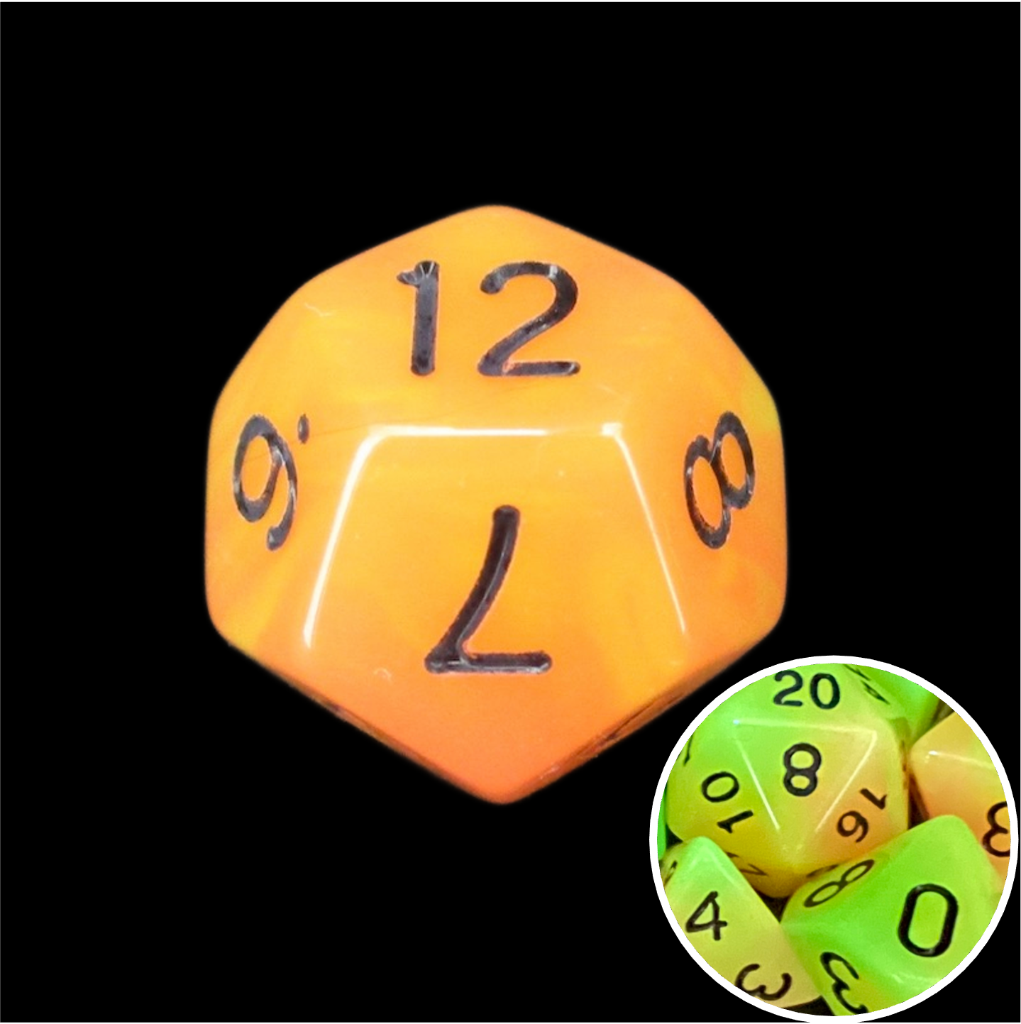 TDSO Duel Yellow & Orange Glow in the Dark D12 Dice