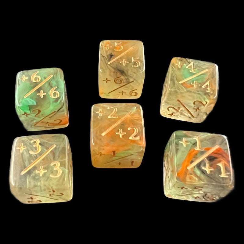 TDSO Eldritch Swirl Orange Green & Yellow Positive Counter 6 x D6 Dice Set