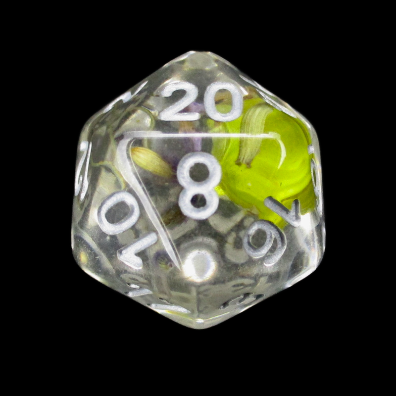 TDSO Encapsulated Flower Lavender & Yellow D20 Dice