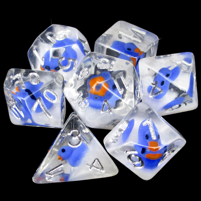 TDSO Encased Duck - Blue - Clear & White 7 Dice Polyset LTD EDITION