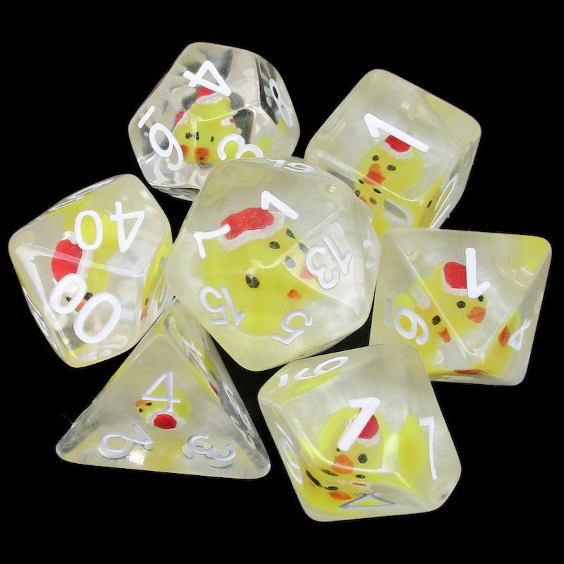 TDSO Encased Duck - Yellow Christmas - Clear & White 7 Dice Polyset LTD EDITION