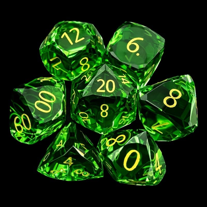 TDSO Faceted Zircon Glass Emerald & Gold 7 Dice Polyset In Padded Case