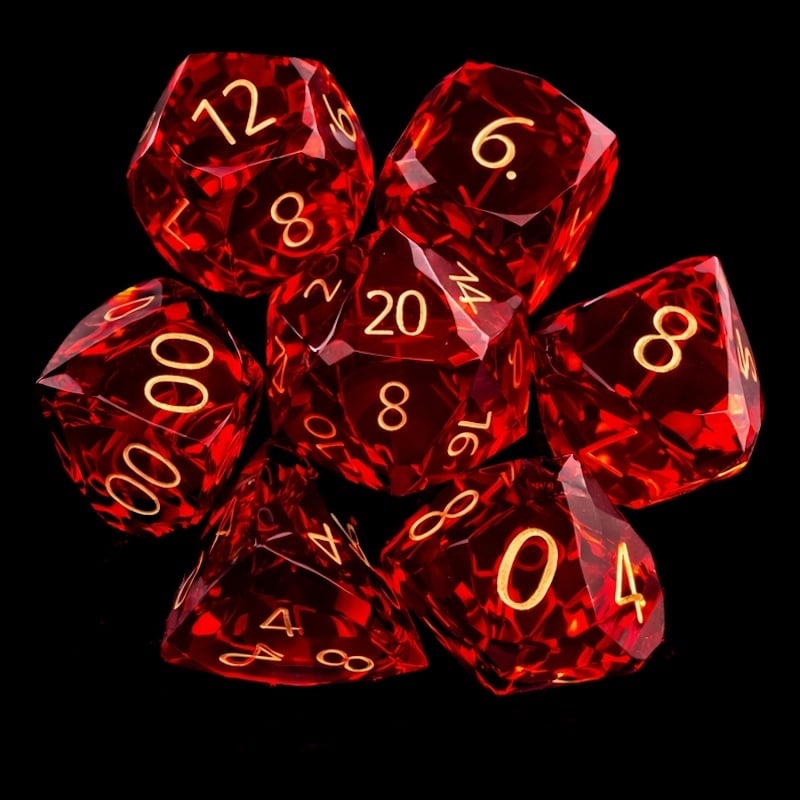TDSO Faceted Zircon Glass Ruby & Gold 7 Dice Polyset In Padded Case