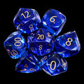 TDSO Faceted Zircon Glass Sapphire & Gold 7 Dice Polyset In Padded Case