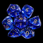 TDSO Faceted Zircon Glass Sapphire & Gold 7 Dice Polyset In Padded Case