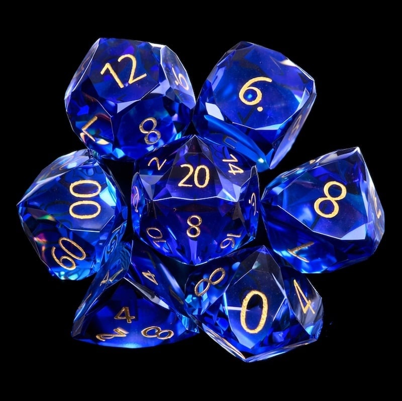 TDSO Faceted Zircon Glass Sapphire & Gold 7 Dice Polyset In Padded Case