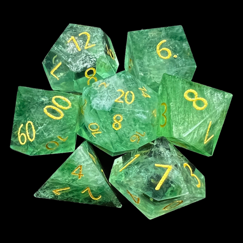 TDSO Gemstone Fluorite Green & Gold 7 Dice Polyset In Padded Case