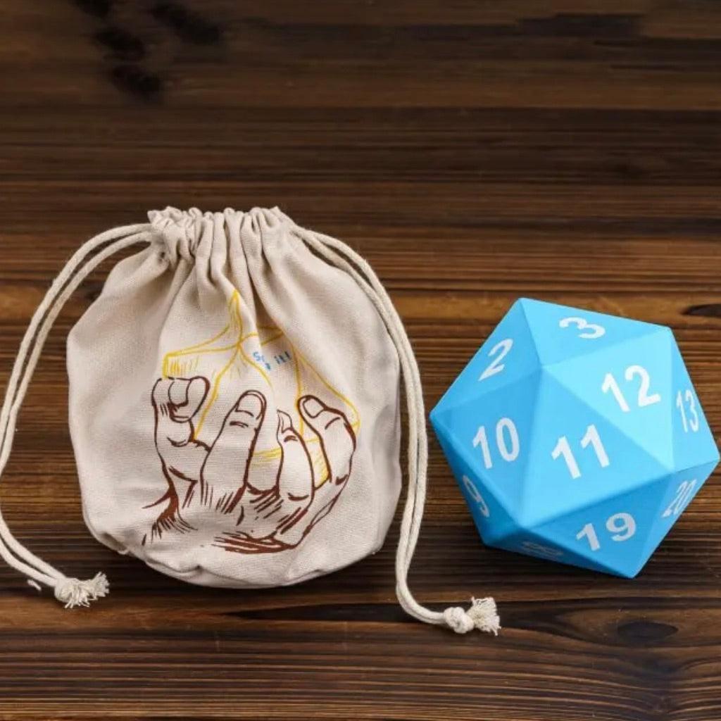 TDSO Foam Blue MASSIVE D20 Dice in Linen Dice Bag