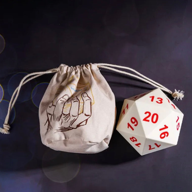 TDSO Foam White MASSIVE D20 Dice in Linen Dice Bag
