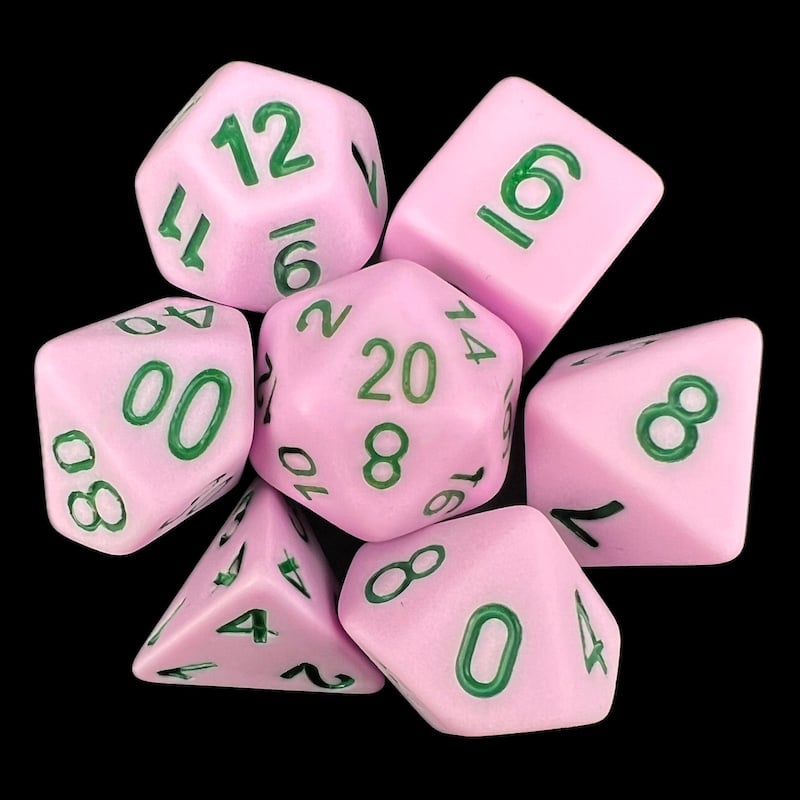 TDSO Frosted Matt Pink & Dark Green 7 Dice Polyset