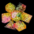 TDSO Fused Glass Jester Green Red & Yellow 7 Dice Polyset