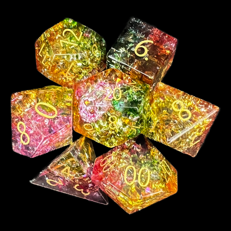 TDSO Fused Glass Jester Green Red & Yellow 7 Dice Polyset