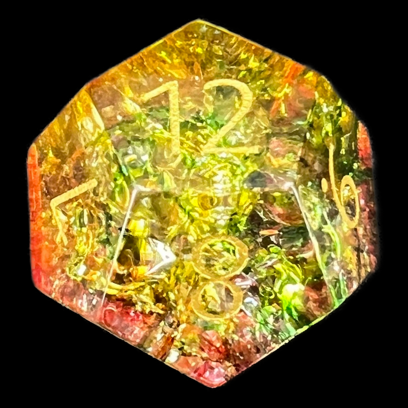 TDSO Fused Glass Jester Green Red & Yellow D12 Dice