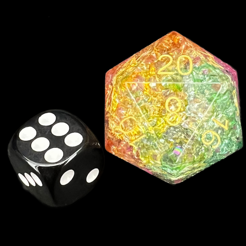TDSO Fused Glass Jester Green Red & Yellow JUMBO 30mm D20 Dice