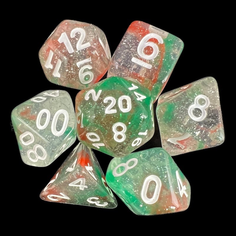 TDSO Galaxy Glitter Green & Red 7 Dice Polyset
