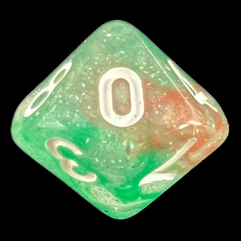 TDSO Galaxy Glitter Green & Red D10 Dice