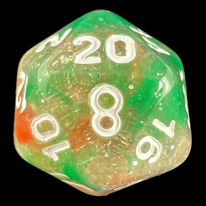 TDSO Galaxy Glitter Green & Red D20 Dice